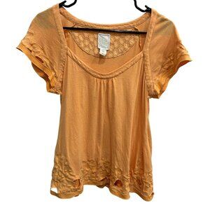 Anthropologie Orange Embroidered Cotton Short Sleeve Top Crochet Back Detail